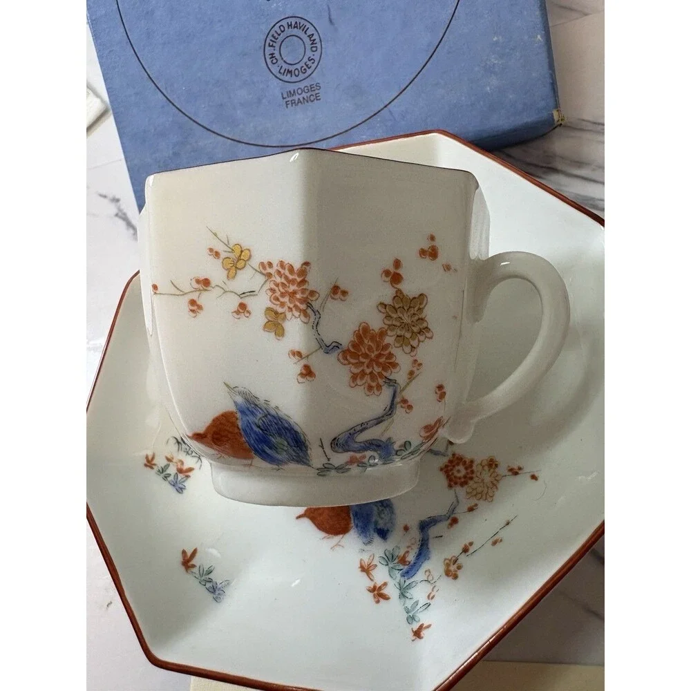 Limoges 1740 Meissen Repro Metropolitan Museum Art Octagonal Quails Cup & Saucer